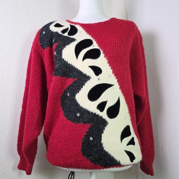 Albee Sweaters - Vtg Albee Angora Blend Red Sweater w/ Velvet Appliqué & Sequins – Abstract 80s M